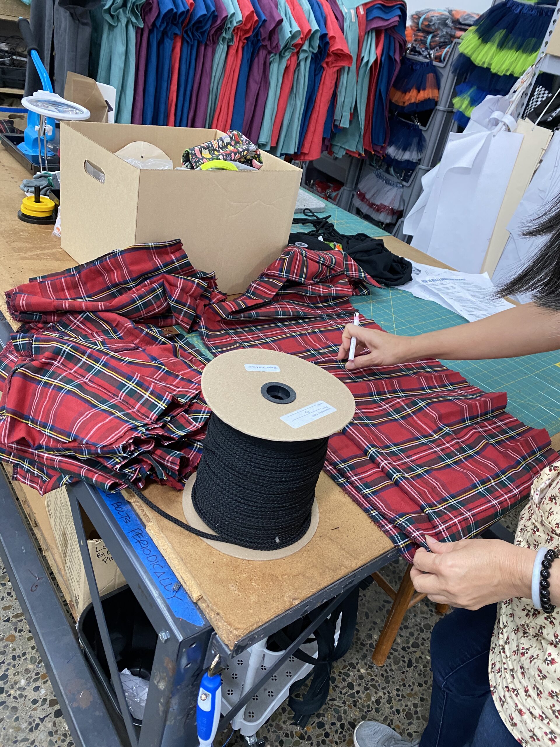 School kit backpacks being sewn on a cutting table